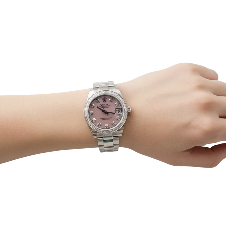 Montre Rolex Datejust Cadran Nacre Rose Lunette Diamant Personnalisée acier inoxydable