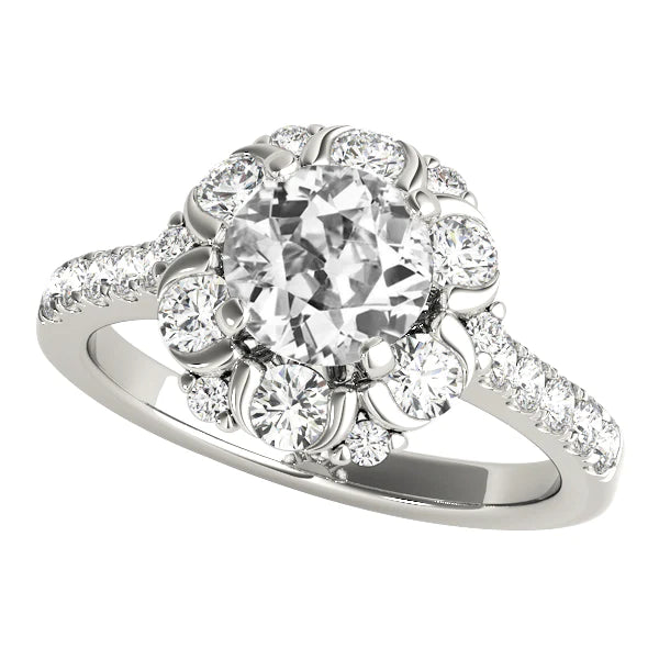 5.25 Carats Halo Rond Vieux Mineur Bague Réel Diamant Style Fleur Or Blanc