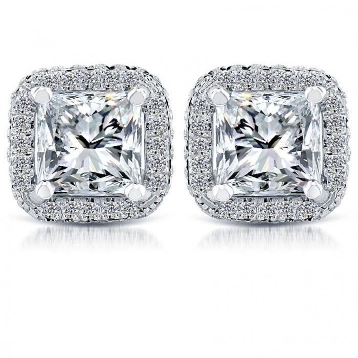 5.70 Carats Boucles D'Oreilles Princesse & Véritable Diamants Ronds Or Blanc 14K