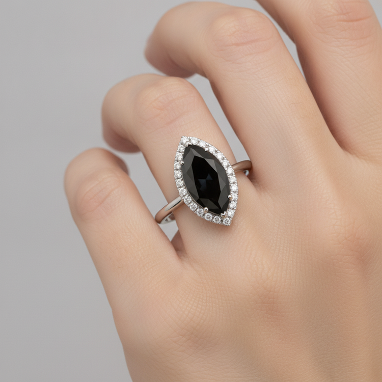 Bague de fiançailles en diamant noir véritable taille marquise 3 carats avec halo en or blanc 14K