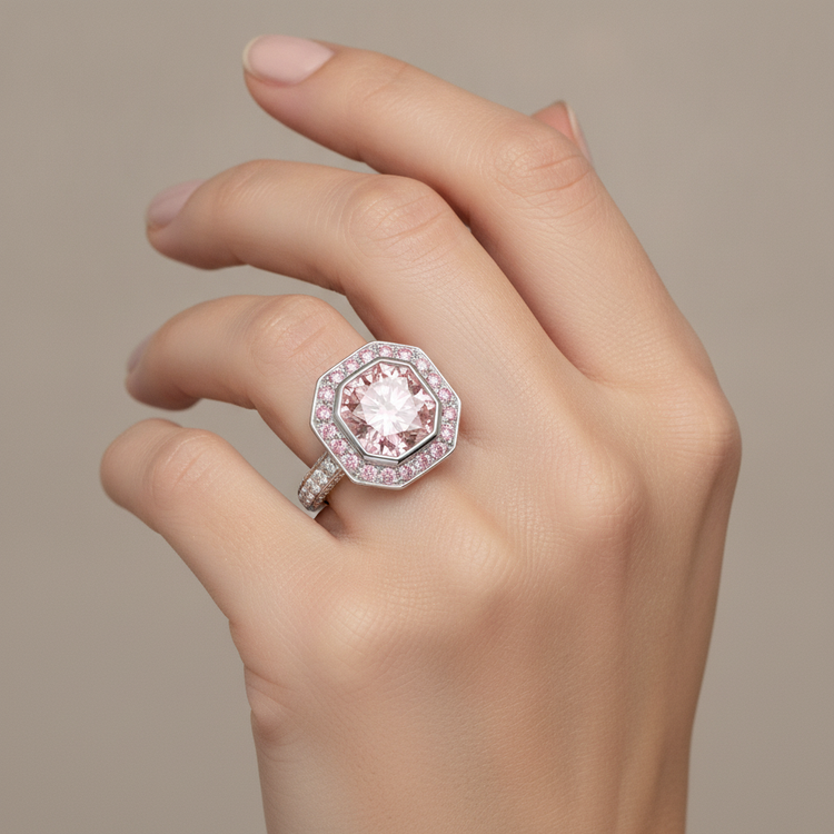 Bague de Fiançailles en Or Blanc 14 carats avec Pierre Précieuse Rose, Diamant Radiant de Laboratoire de 6 Carats et Halo