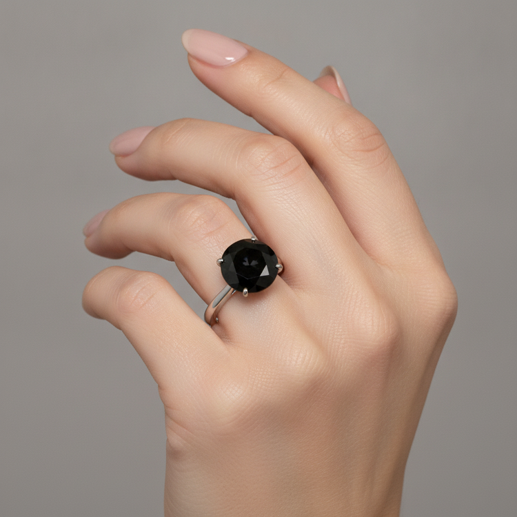 Bague de Fiançailles Solitaire Diamant Noir Sombre Véritable Rond 5 Carats Anneau Fil Couteau en Or Blanc 14K
