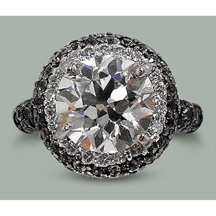6.24 Cts Rond Blanc Réel Diamants Noirs Halo Bague Vieux mineur Or Blanc 14K