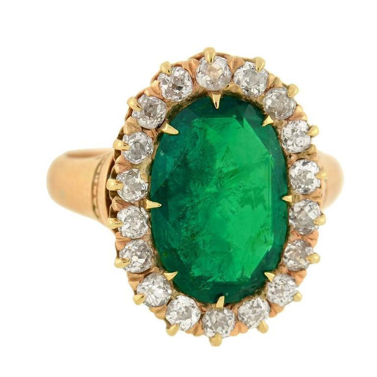 7.50 Carats Bague Émeraude Vert Ovale Et Diamants Ronds Or Jaune 14K