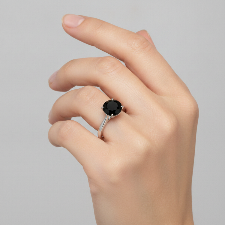 Bague Solitaire Diamant Noir Naturel Rond 3,5 Carats Anneau Biseauté en Or Blanc 14 Carats