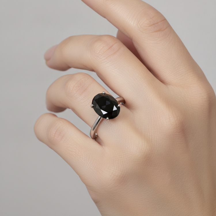 Bague de Fiançailles Solitaire Simple en Or Blanc 14K avec Diamant Noir Ovale Véritable 5 Carats