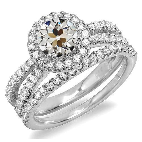Alliance Halo Ensemble Réel Diamant Rond Taille Ancienne Or Blanc 6.50 Carats