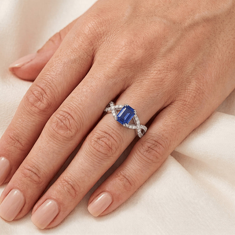 Alliance Or Diamant Taille Émeraude Saphir Bleu Pierre 3 Carats