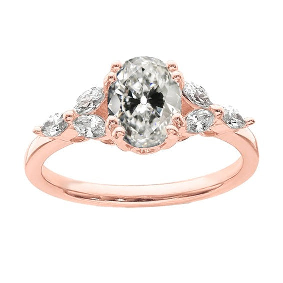 Alliance en or rose marquise et Réel diamant ovale taille ancienne 4.50 carats