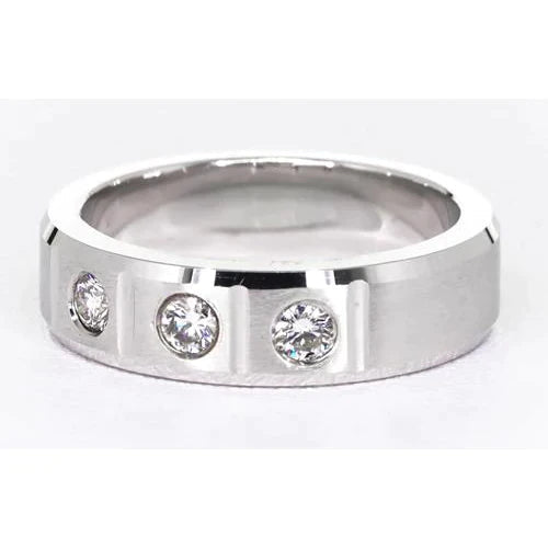 Anneau Anniversaire 3 Véritable Diamants Gypsy Ronds Or Blanc 14K 0.75 Carats