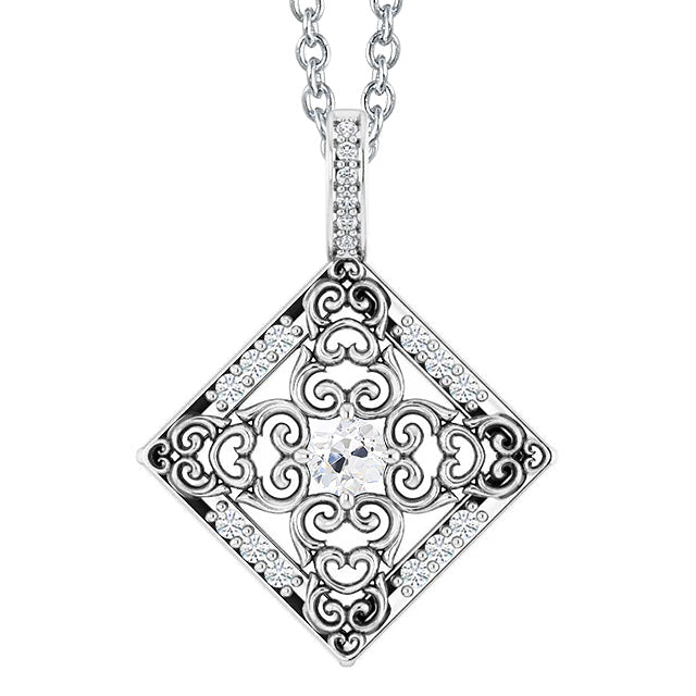 Brillant Coussin Antique Pendentif Goutte en Or 14K Blanc – vue principale