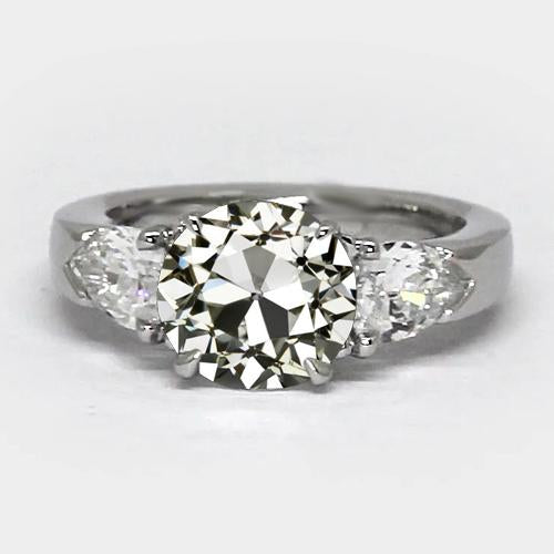 Bague 3 Carats Poire Et Réel Diamant Rond Taille Ancienne Mine Sertie Griffes 3 Carats