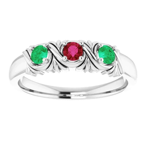 Bague 3 Pierres 0.60 Carats Style Antique Rubis Emeraude