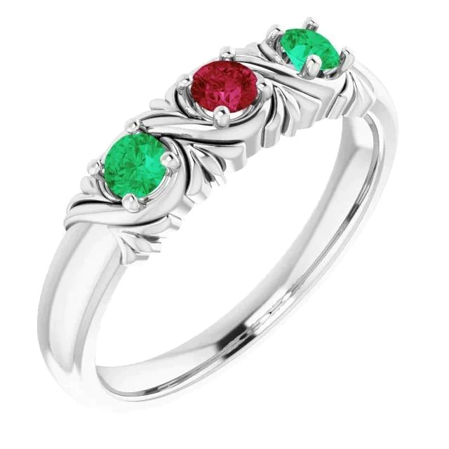 Bague 3 Pierres 0.60 Carats Style Antique Rubis Emeraude