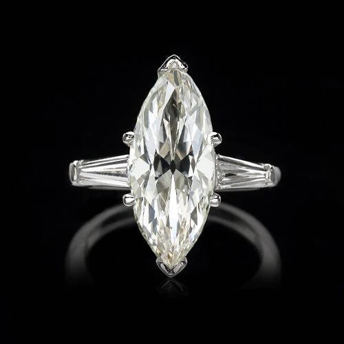 Bague 3 Pierres Baguette & Marquise Réel Diamant Taille Ancienne 4.50 Carats