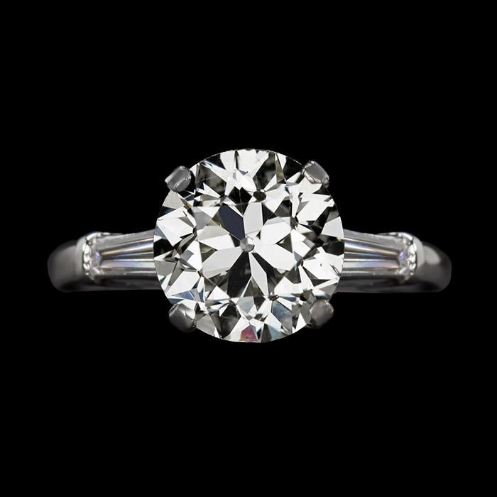 Bague 3 Pierres Baguette & Naturel Diamant Rond Taille Vieille Mine Or 4 Carats