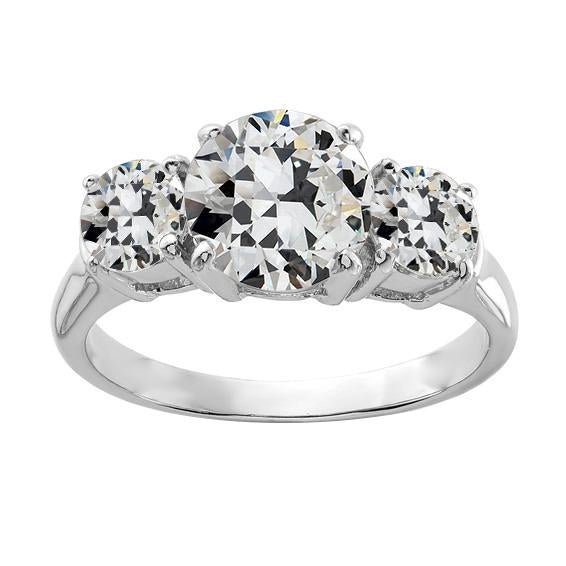 Bague 3 Pierres En Or 14 Carats Ronde Sertie De Griffes De Véritable Diamants Taille Ancienne Mine 4 Carats