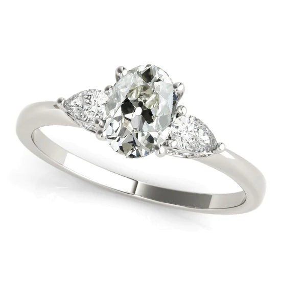 Bague 3 Pierres Poire & Réel Diamant Oval ancienne mine Cut Or 3.50 Carats
