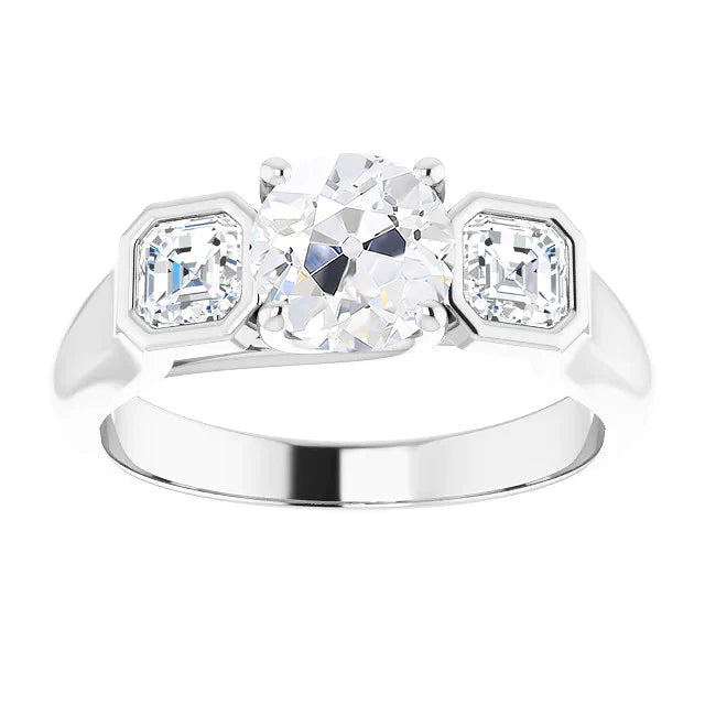 Bague 3 Pierres Radiant & Réel Diamant Taille Ancienne Serti 3.50 Carats