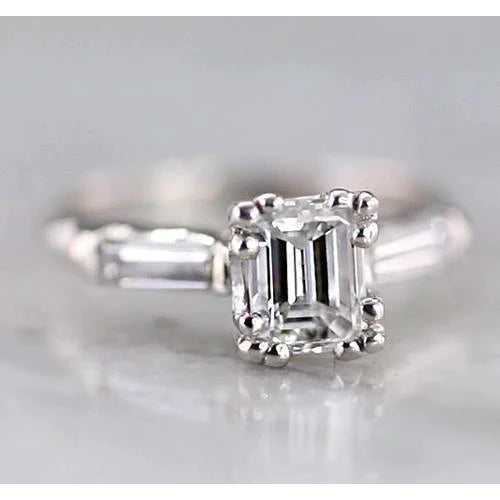 Bague 3 Pierres Réel Diamant Émeraude 1.60 Carats Baguettes Or Blanc 14K