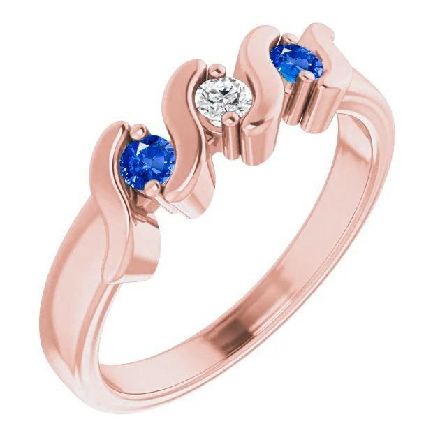 Bague 3 Pierres Réel Diamant Saphir Bleu 0.90 Carats Or Rose 14K