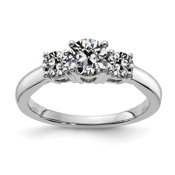 Bague 3 Pierres Ronde Ancienne Mine Cut Réel Diamant Or Blanc Bijoux 3 Carats