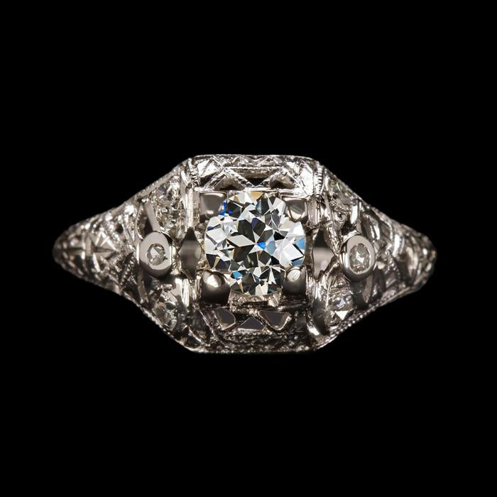Bague 3 Pierres Ronde Véritable Diamant Taille Ancienne Filigrane Style Antique 1.75 Carats