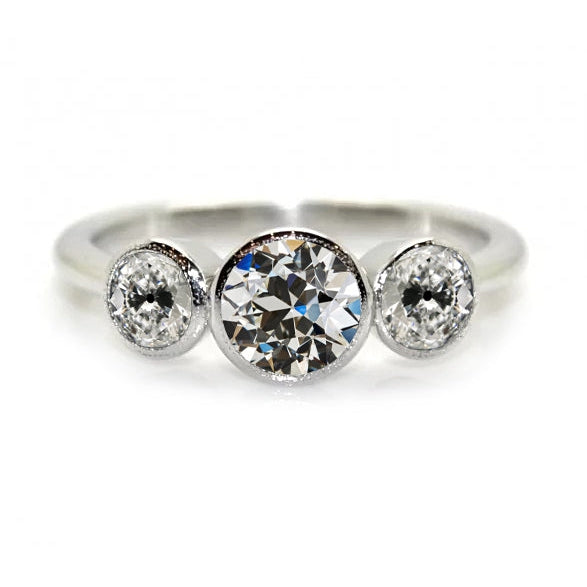 Bague 3 Pierres Ronde ancienne mine Cut Réel Diamant Or Blanc Bijoux 4 Carats