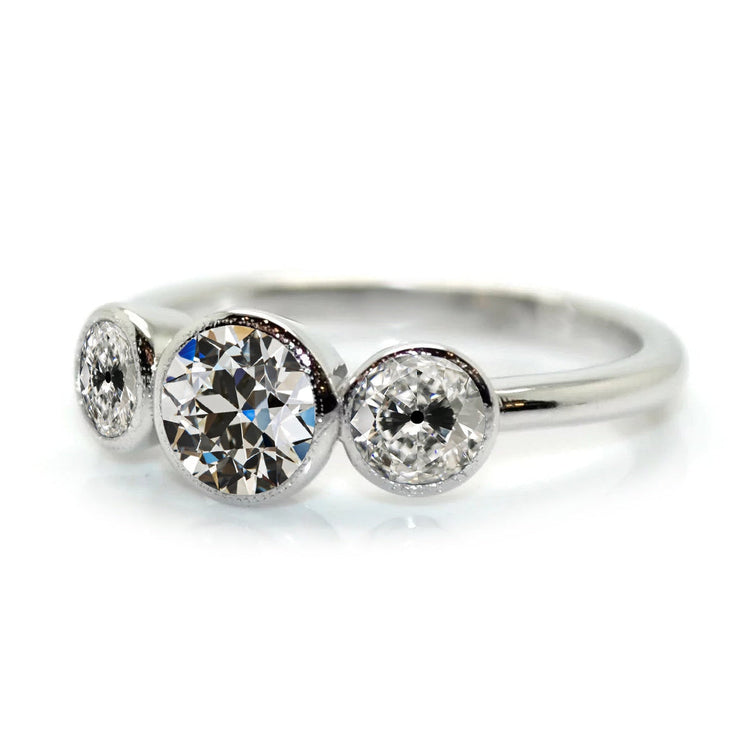 Bague 3 Pierres Ronde ancienne mine Cut Réel Diamant Or Blanc Bijoux 4 Carats