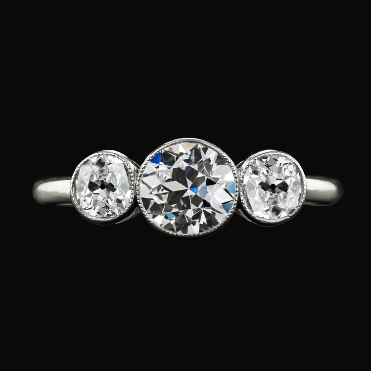 Bague 3 Pierres Ronde ancienne mine Cut Réel Diamant Or Blanc Bijoux 4 Carats