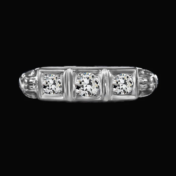 Bague 3 Pierres Rondes Réel Diamants Taille Vieille Mine 1.50 Carats Bijoux Dames