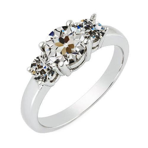 Bague 3 Pierres Rondes Véritable Diamant Taille ancienne mine Sertie Panier Or 3.50 Carats