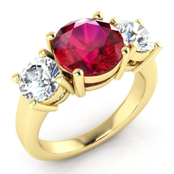 Bague 3 Pierres Rubis et Diamants Ronds 4 Carats Or Blanc Bijoux Pour Femme