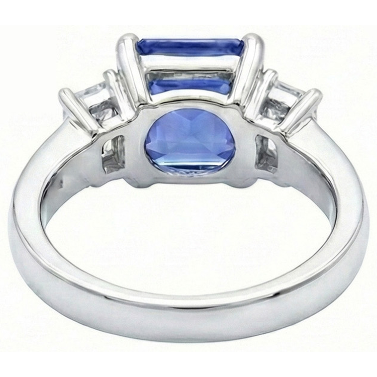 Bague 3 Pierres Saphir Bleu Clair Taille Emeraude 2 Carats Or Blanc