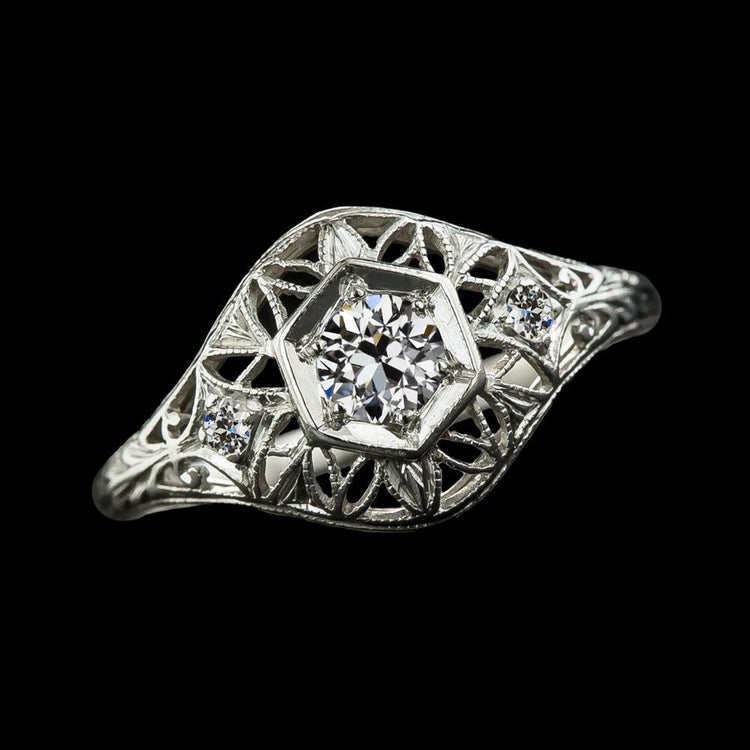 Bague 3 Pierres Style Vintage Naturel Diamant Rond Taille Ancienne 1.50 Carats Millgrain
