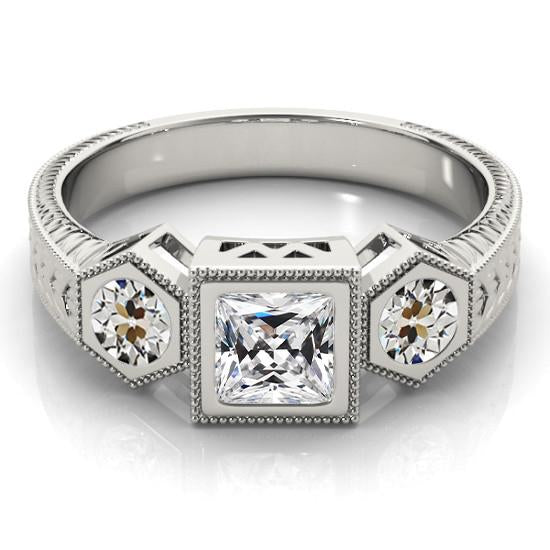 Bague 3 Pierres Taille Carrée Vieux Naturel Diamant Mineur Style Antique 4 Carats