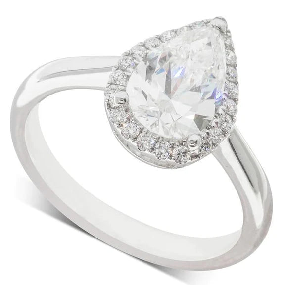 Bague 3 carats poire et halo de Authentique diamants ronds