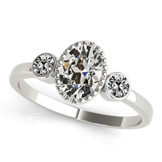 Bague 3 pierres en or 14 carats sertie de Réel diamants ovales taille vieille mine 4.50 carats