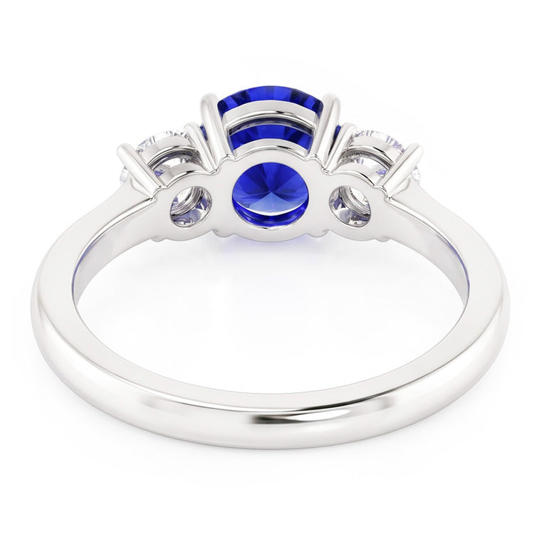 Bague 3 pierres en or blanc avec saphir bleu et diamant rond 5 carats 14K