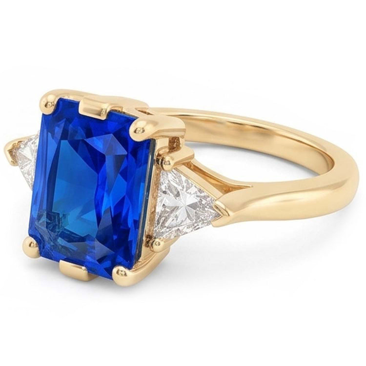 Bague 3 pierres en or jaune Radiant Sapphire 3 Carats Trillion Diamonds