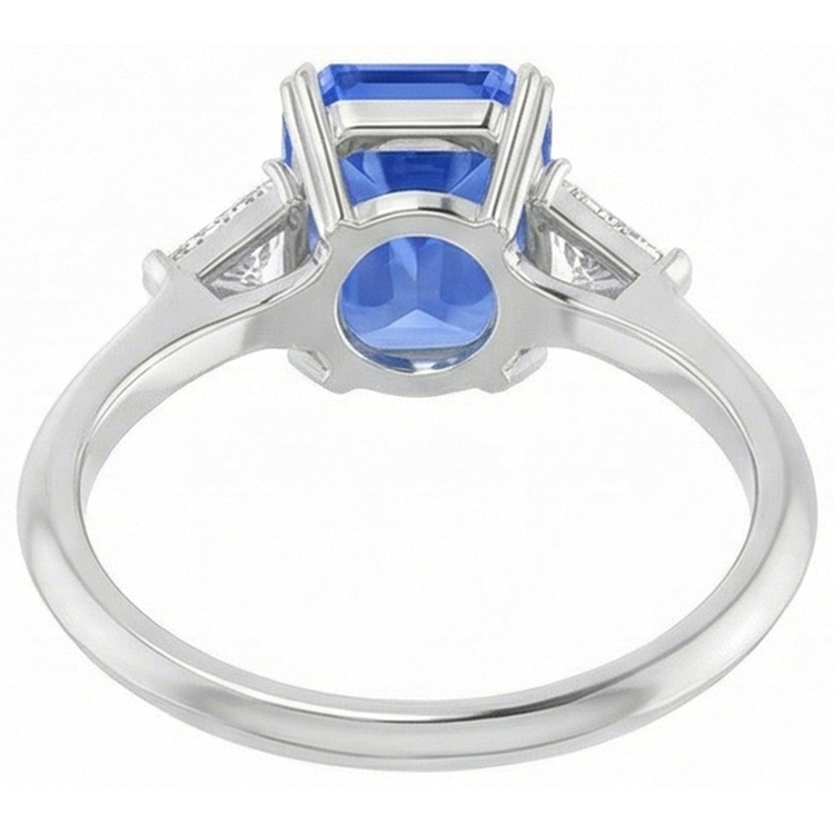 Bague 3 pierres saphir bleu petit trillion diamants bijoux 2.75 carats