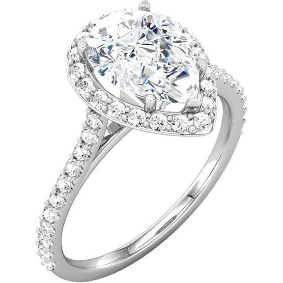Bague Anniversaire Réel Diamant Halo Centre Poire 1.95 Carats Or Blanc 14K