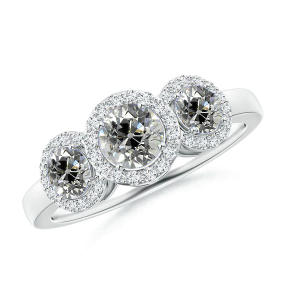 Bague Anniversaire Trois Pierres Halo Ronde Vieux Réel Diamants Mineur 2.90 Carats