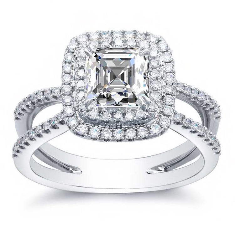 Bague Asscher 4.20 Carats Et Véritable Diamant Rond Halo