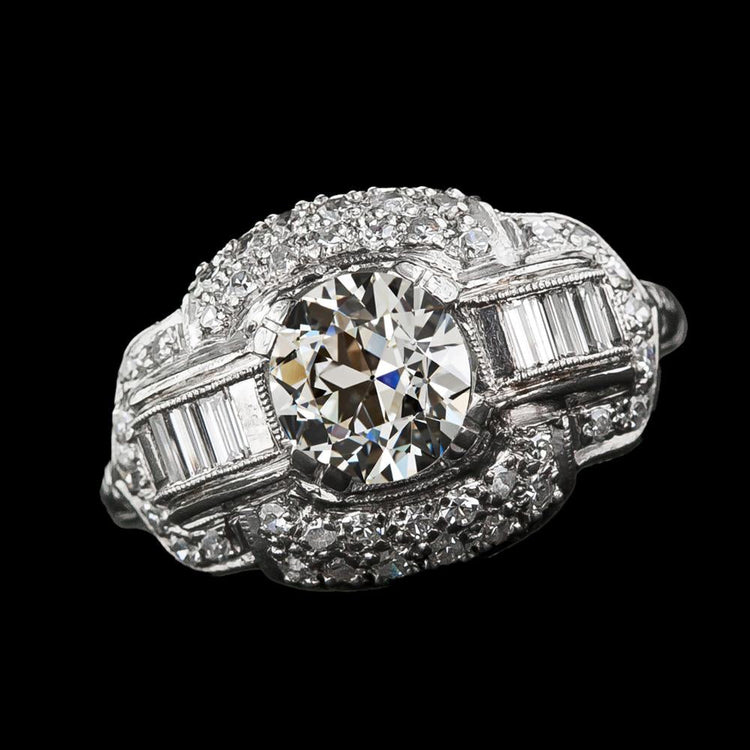 Bague Baguette Naturel Diamant Rond Halo Old European Antique 4.50 Carats