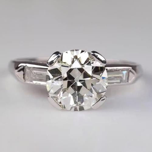 Bague Baguette Trois Pierres Ronde Vieux Mineur Véritable Diamants 2.75 Carats