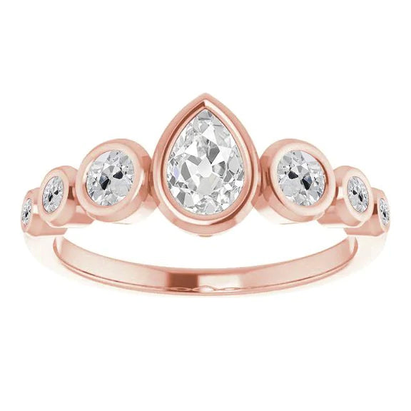 Bague Bulle Taille Ancienne Poire & Véritable Diamant Rond Sertie Lunette 4 Carats