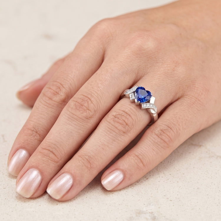 Bague Coeur Diamant Saphir Bleu Style Ruban 2 Carats Bijoux Dames