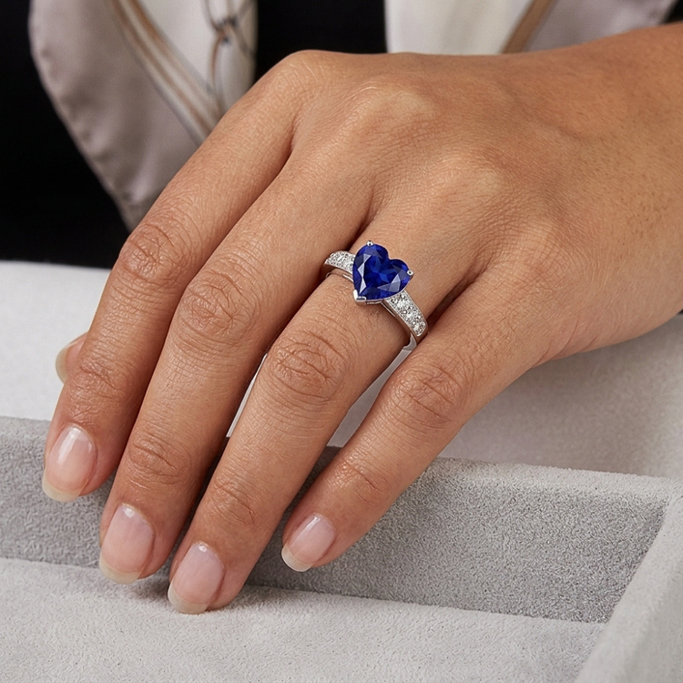 Bague Coeur Saphir Bleu Pierres Précieuses Diamants Accentués 2.25 Carats