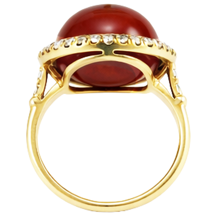 Bague Corail Rouge Taille Ovale Et Diamants Naturels Extraits des Mines ( et non cultivés en laboratoire ) Ronds 14 Ct Or Jaune 14K